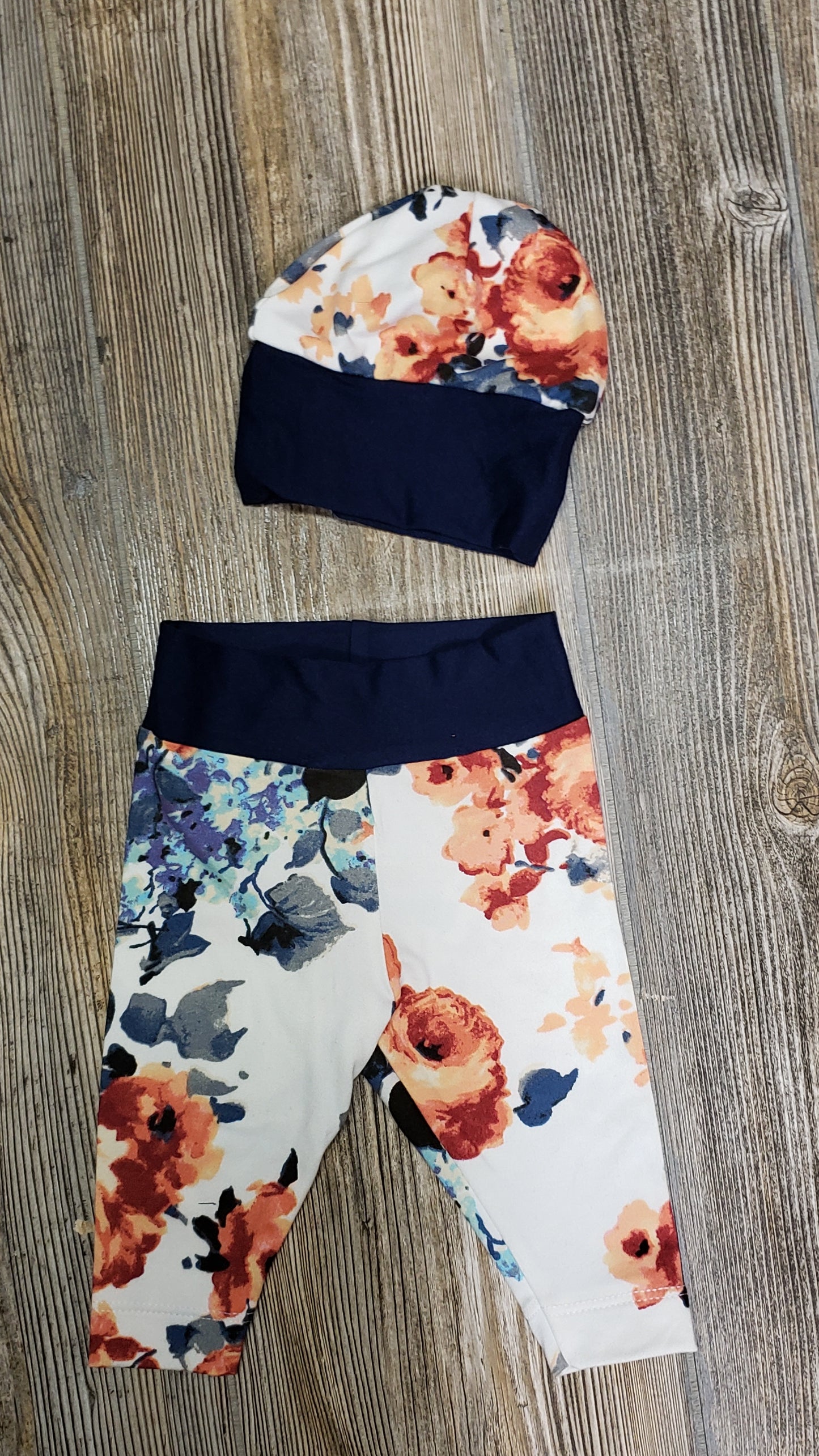 Navy blue and white floral newborn set