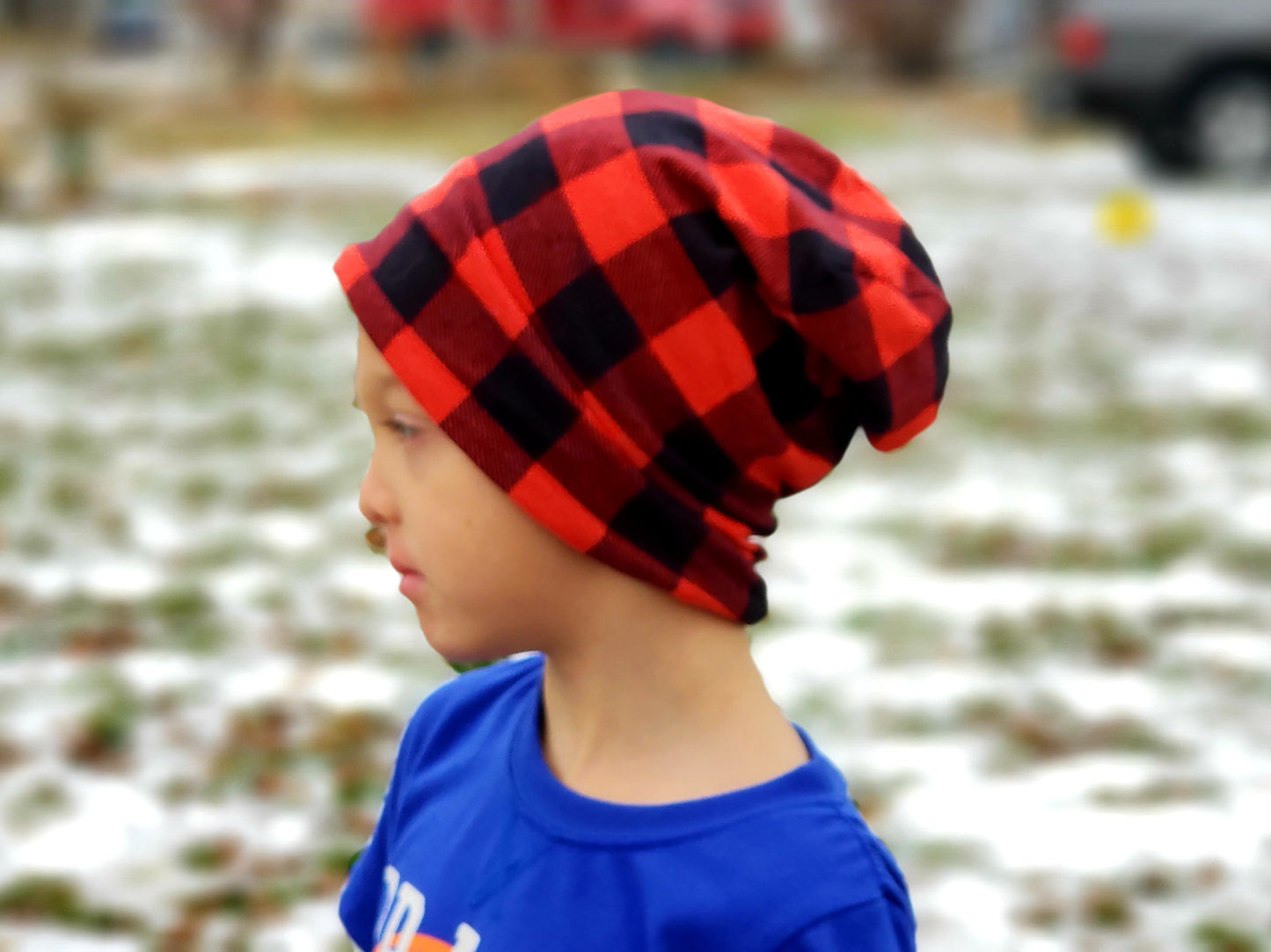 Buffalo plaid slouchy beanie