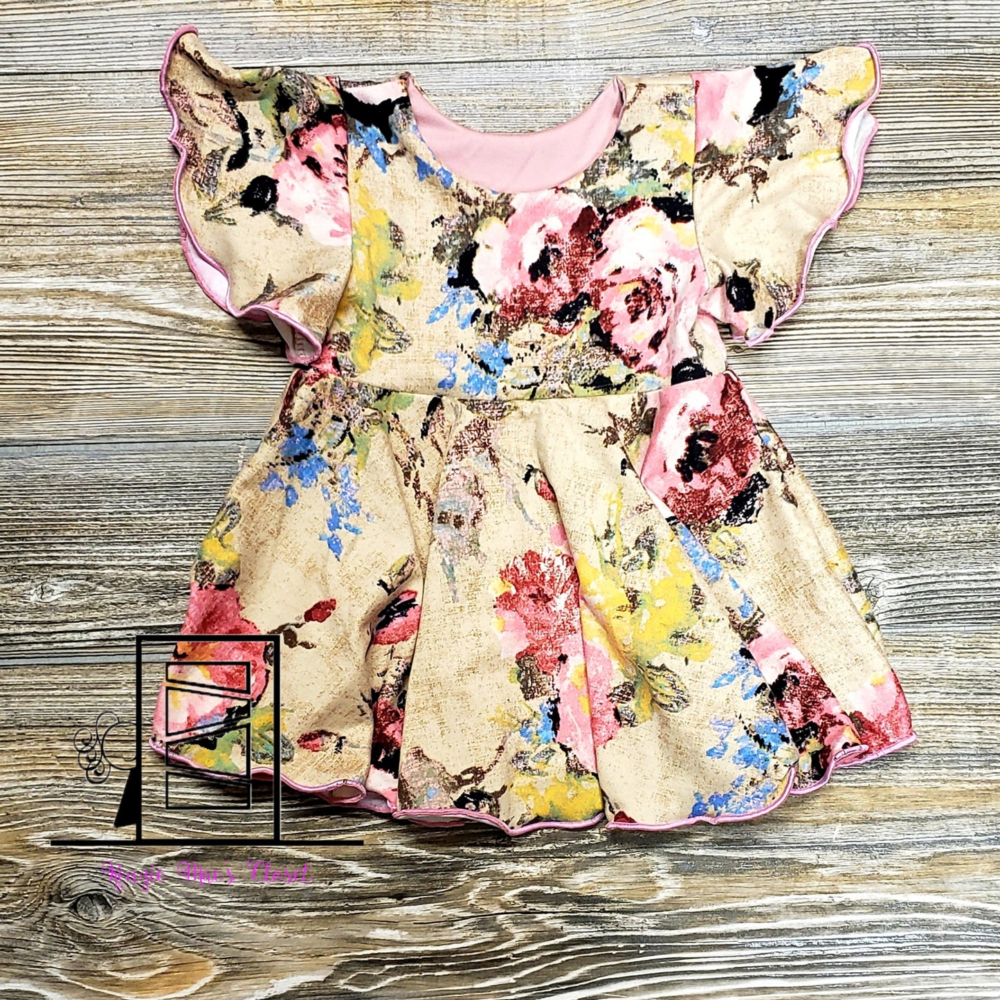6/9 M tan floral flutter sleeve peplum-RTS