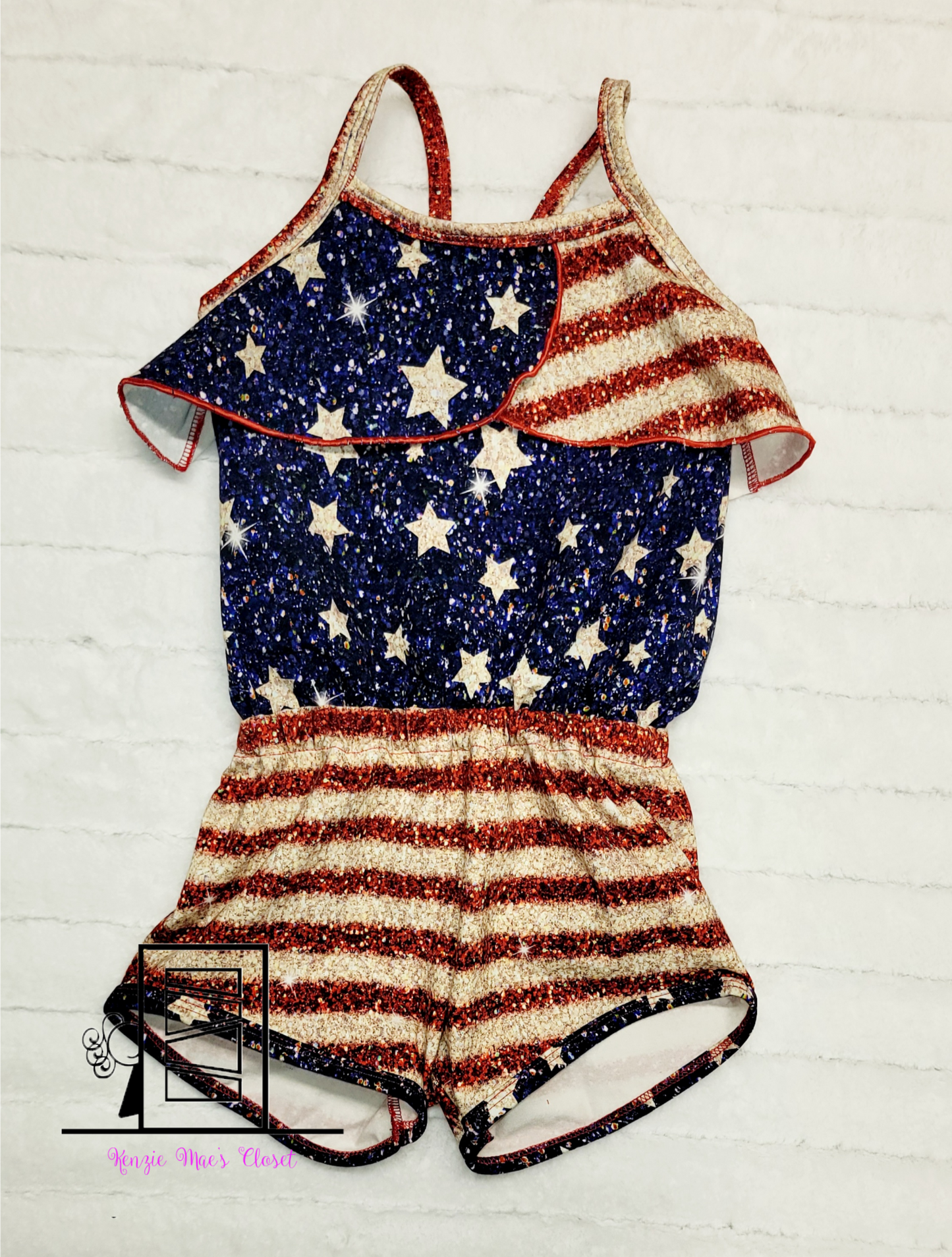 Faux glitter RWB stars shorts romper
