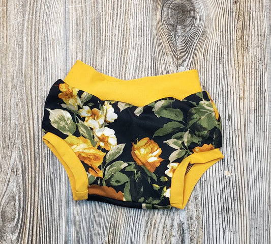 3 Mo black and mustard floral bummies