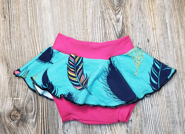 3 Mo pink and teal feather skirted bummies
