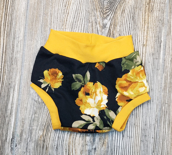 NB black and mustard floral bummies