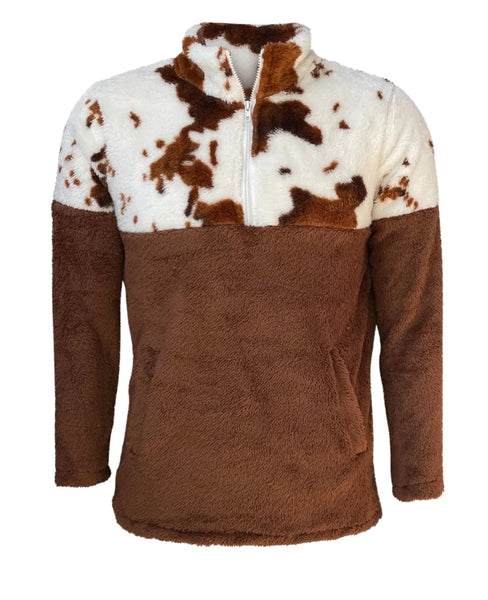 Adult half & half brown cow print sherpa sweater